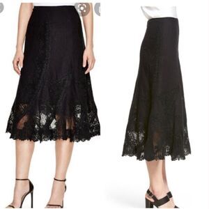 Kobi Halperin Rydel Lace Inset Midi Skirt Embroidered Linen Black Size 2